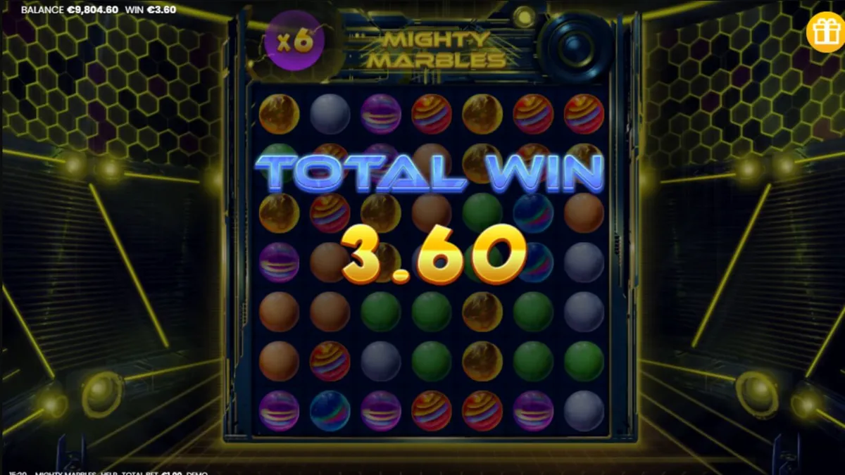 Tampilan visual futuristik dari slot Mighty Marbles dengan simbol marmer neon.