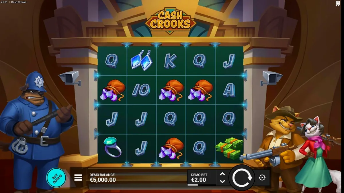 Cash Crooks slot game featuring feline burglars