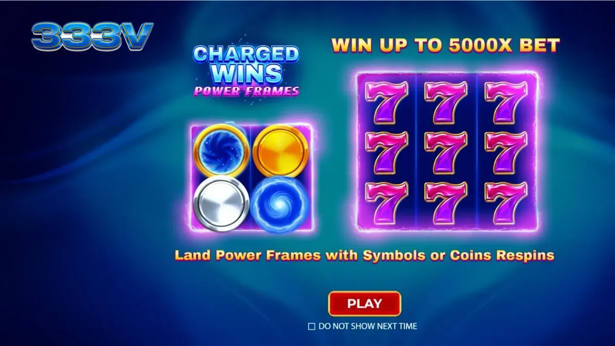 Tampilan layar permainan slot Charged Wins: Power Frames dengan elemen neon dan simbol klasik.