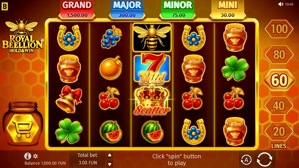 Tampilan visual slot Royal Beellion Hold & Win dengan tema lebah dan madu